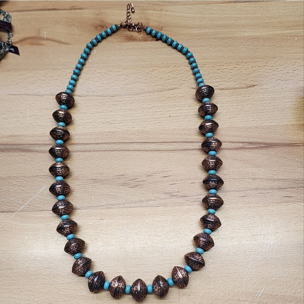 Copper Tone Blue Beaded Chunky Necklace 33" Adjustable